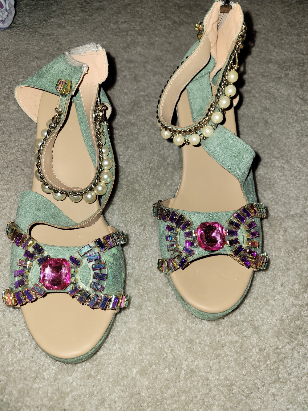 Mint Green Jeweled Up-Cycled Suede Wedge Sandals w/ Pearl Ankle Strap